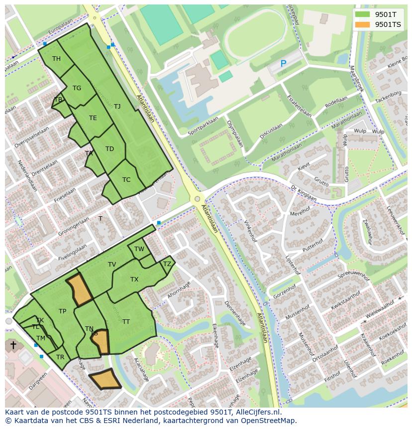 Afbeelding van het postcodegebied 9501 TS op de kaart.