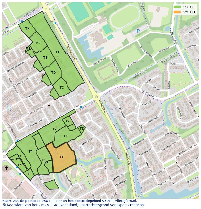 Afbeelding van het postcodegebied 9501 TT op de kaart.