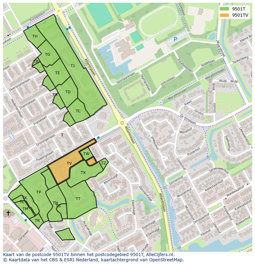 Afbeelding van het postcodegebied 9501 TV op de kaart.