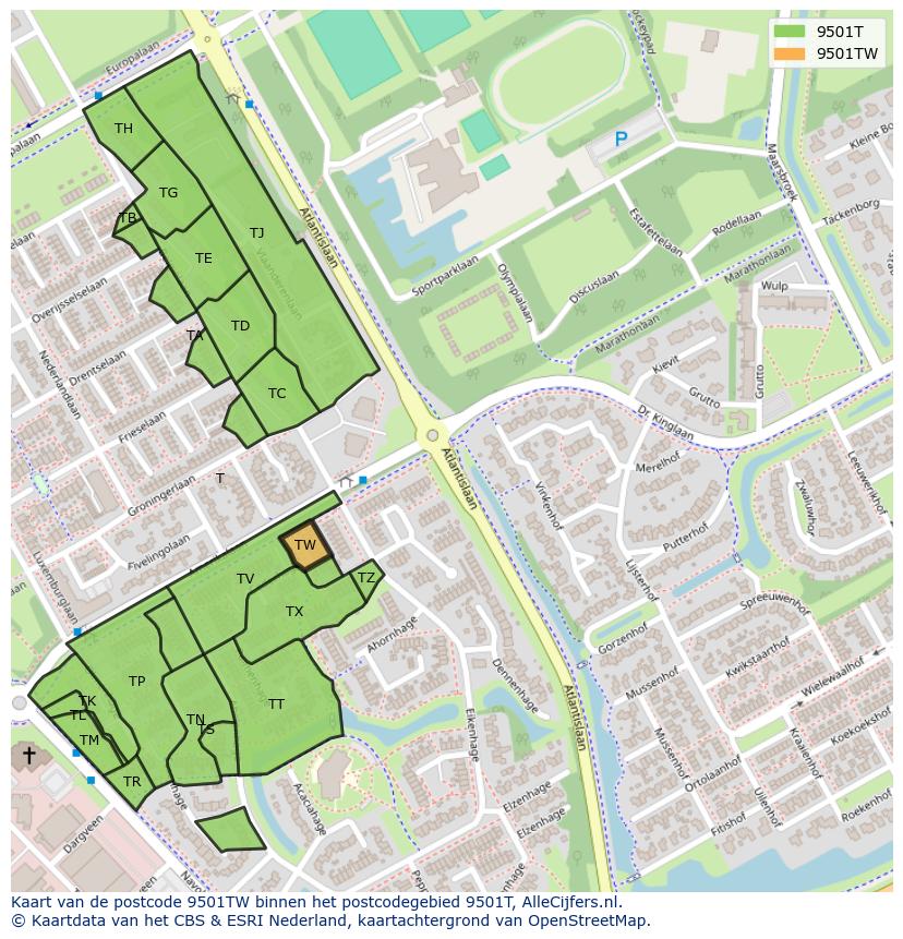 Afbeelding van het postcodegebied 9501 TW op de kaart.