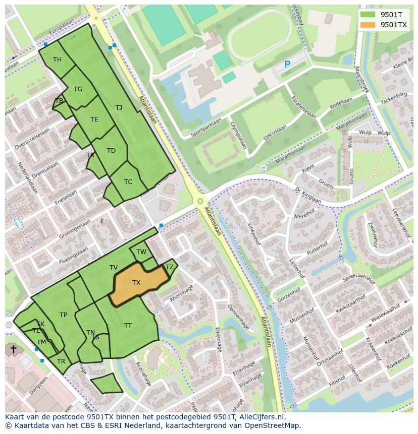 Afbeelding van het postcodegebied 9501 TX op de kaart.