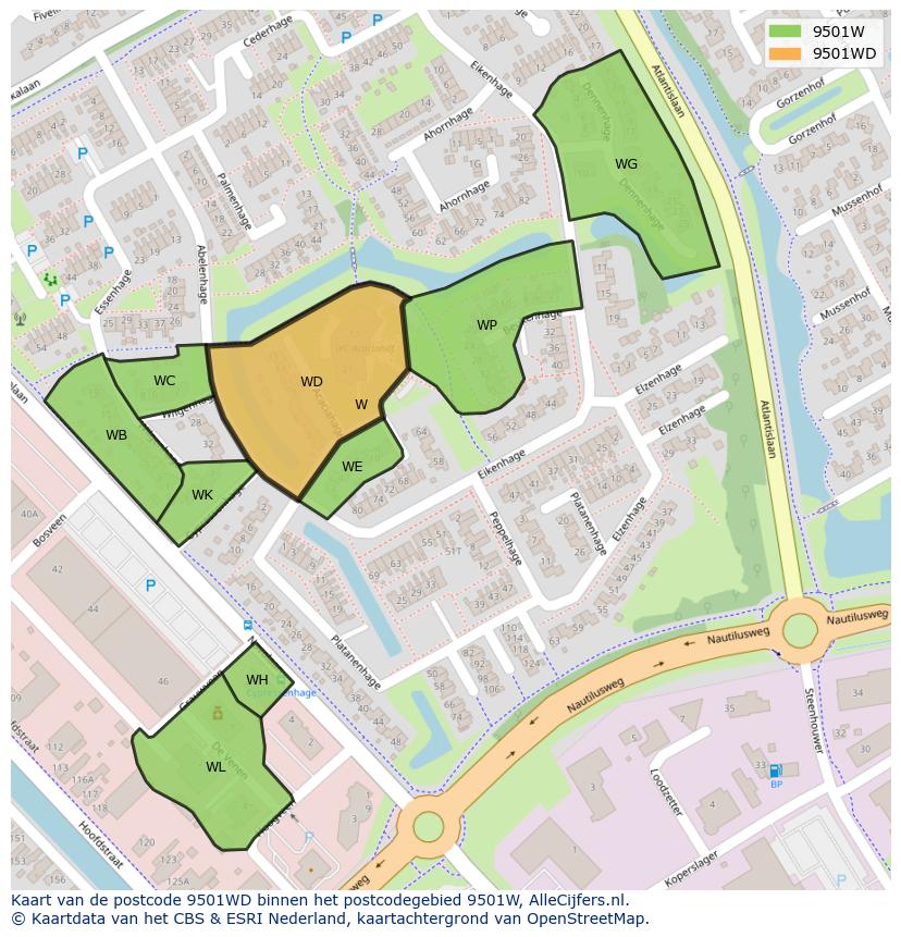 Afbeelding van het postcodegebied 9501 WD op de kaart.