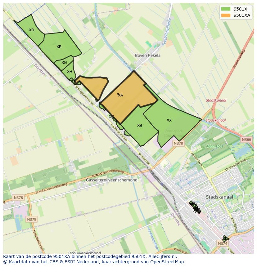 Afbeelding van het postcodegebied 9501 XA op de kaart.