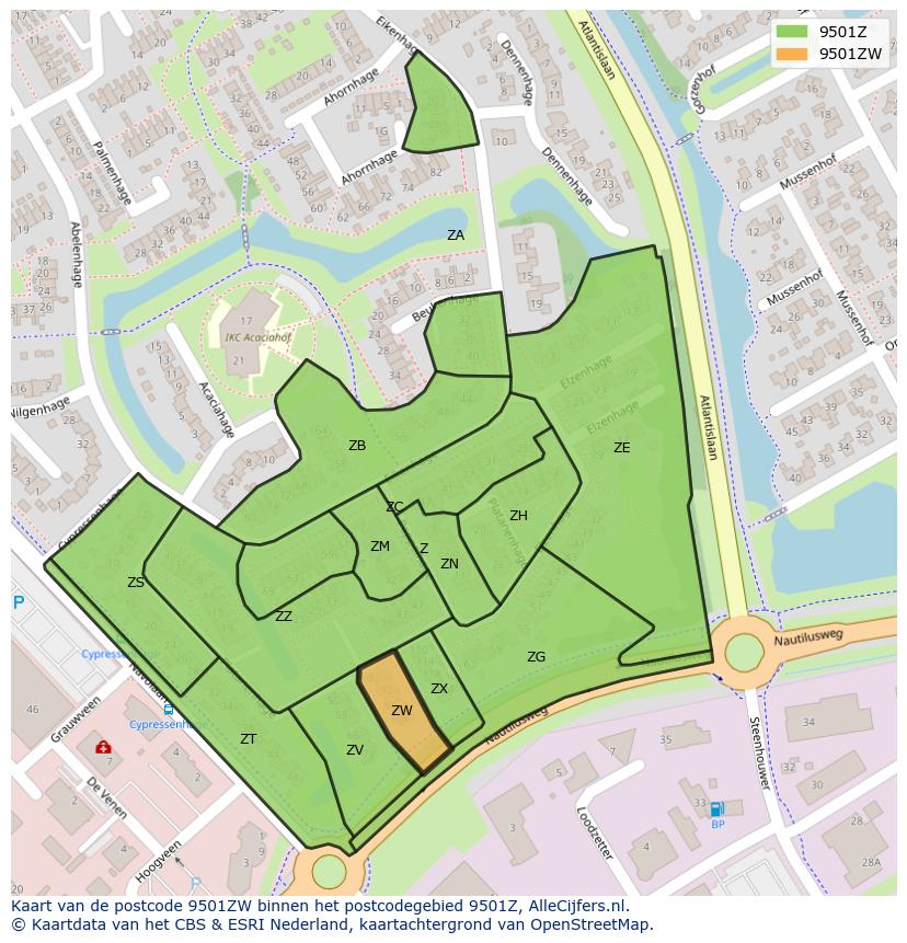 Afbeelding van het postcodegebied 9501 ZW op de kaart.