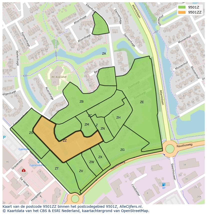 Afbeelding van het postcodegebied 9501 ZZ op de kaart.