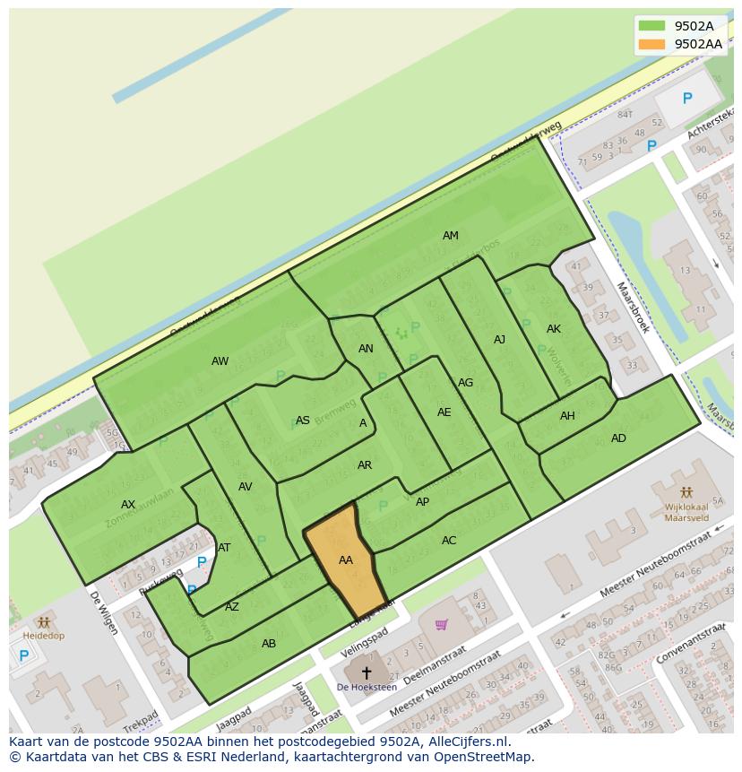 Afbeelding van het postcodegebied 9502 AA op de kaart.