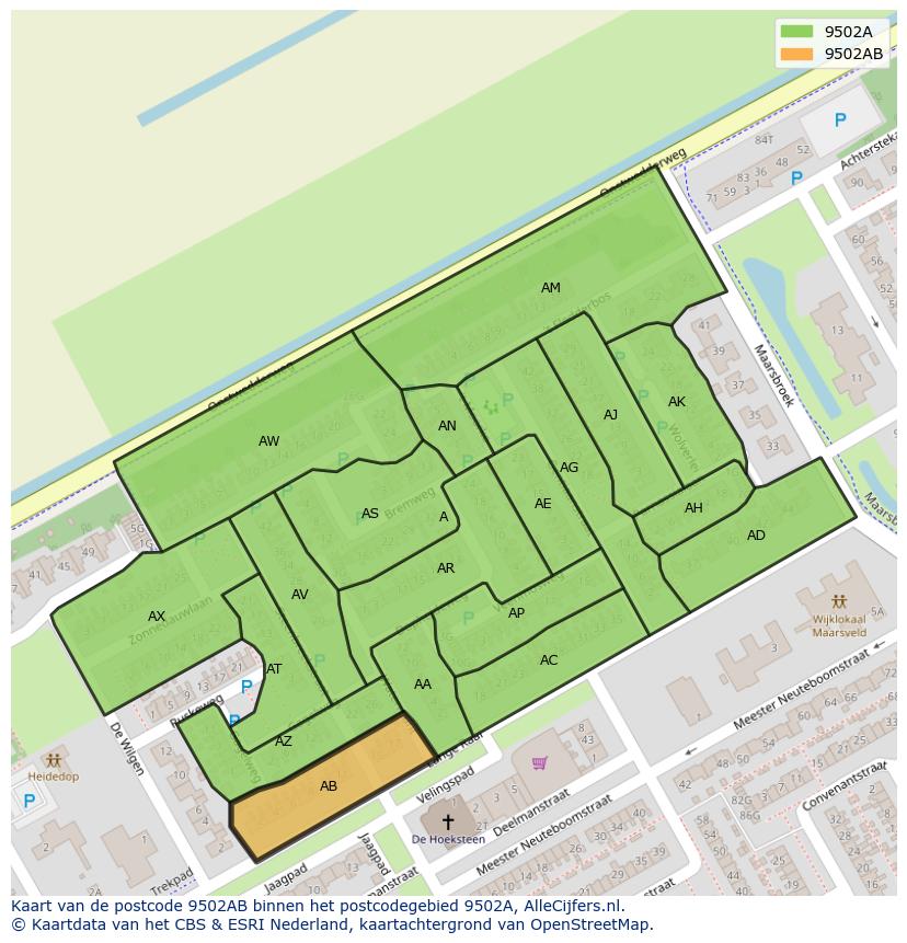 Afbeelding van het postcodegebied 9502 AB op de kaart.