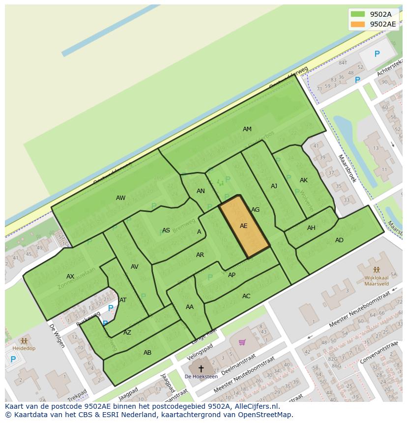 Afbeelding van het postcodegebied 9502 AE op de kaart.