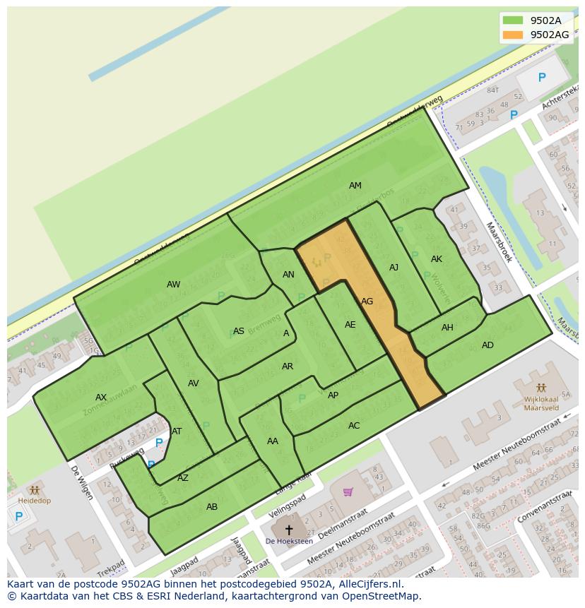 Afbeelding van het postcodegebied 9502 AG op de kaart.