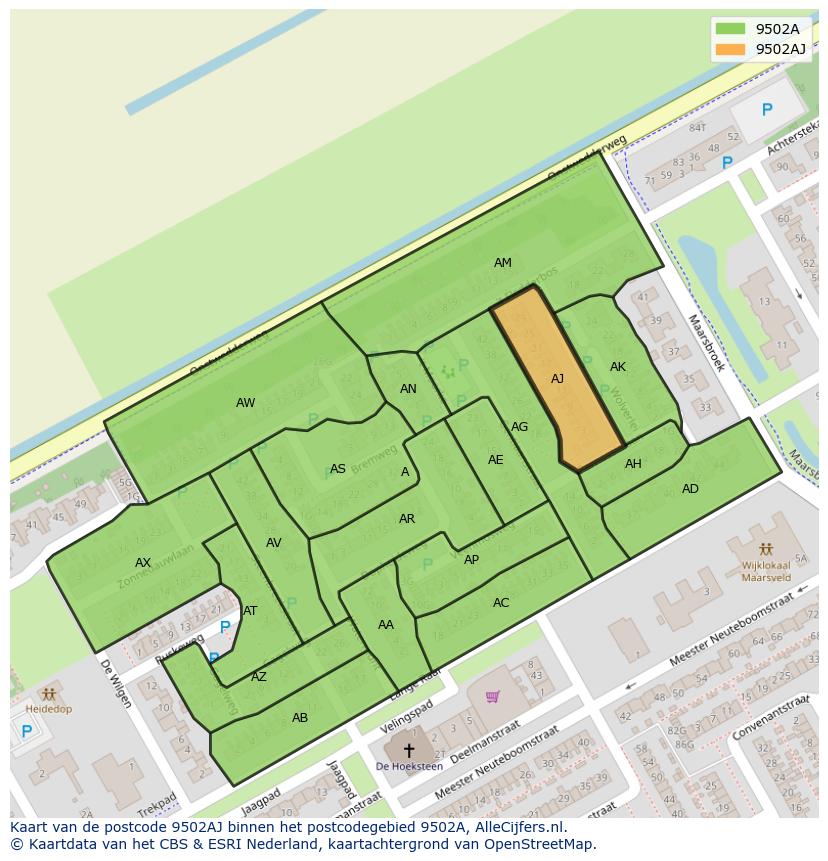 Afbeelding van het postcodegebied 9502 AJ op de kaart.