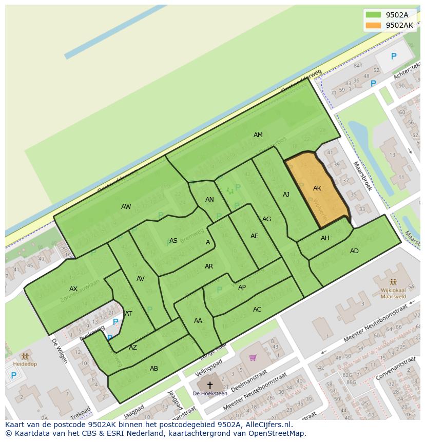 Afbeelding van het postcodegebied 9502 AK op de kaart.