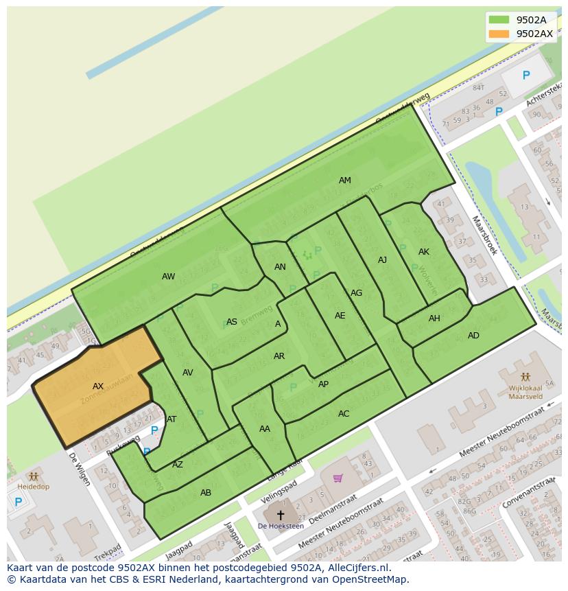 Afbeelding van het postcodegebied 9502 AX op de kaart.