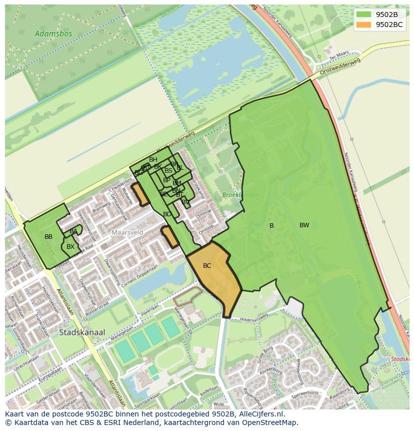 Afbeelding van het postcodegebied 9502 BC op de kaart.