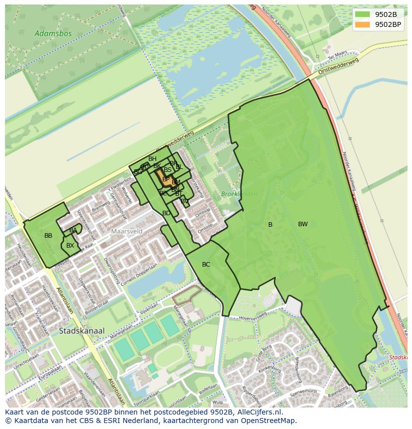 Afbeelding van het postcodegebied 9502 BP op de kaart.