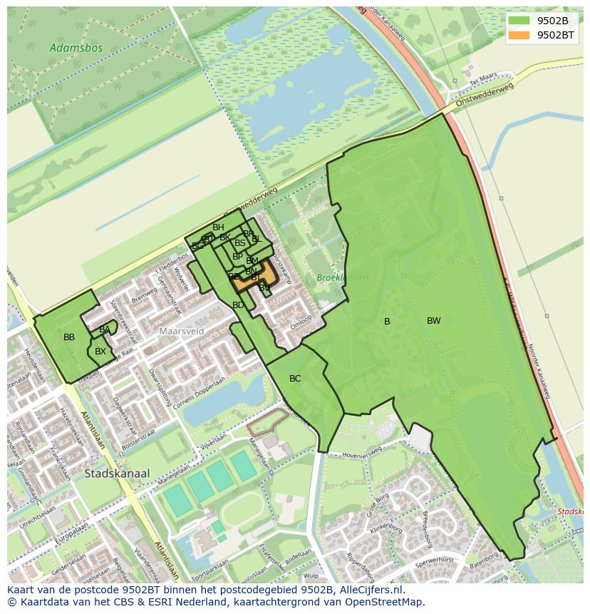 Afbeelding van het postcodegebied 9502 BT op de kaart.