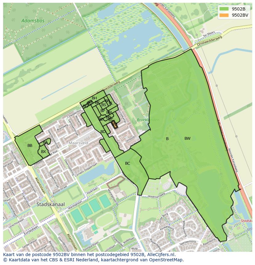 Afbeelding van het postcodegebied 9502 BV op de kaart.