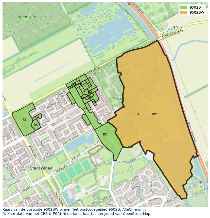 Afbeelding van het postcodegebied 9502 BW op de kaart.