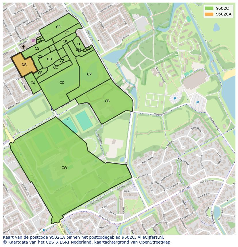 Afbeelding van het postcodegebied 9502 CA op de kaart.