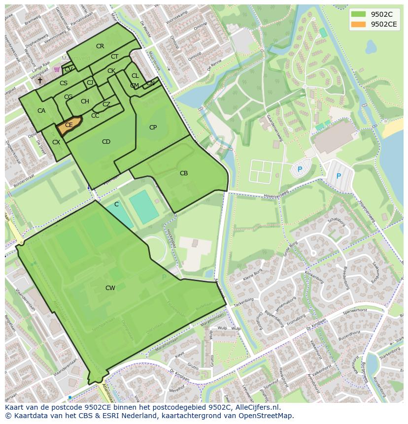 Afbeelding van het postcodegebied 9502 CE op de kaart.
