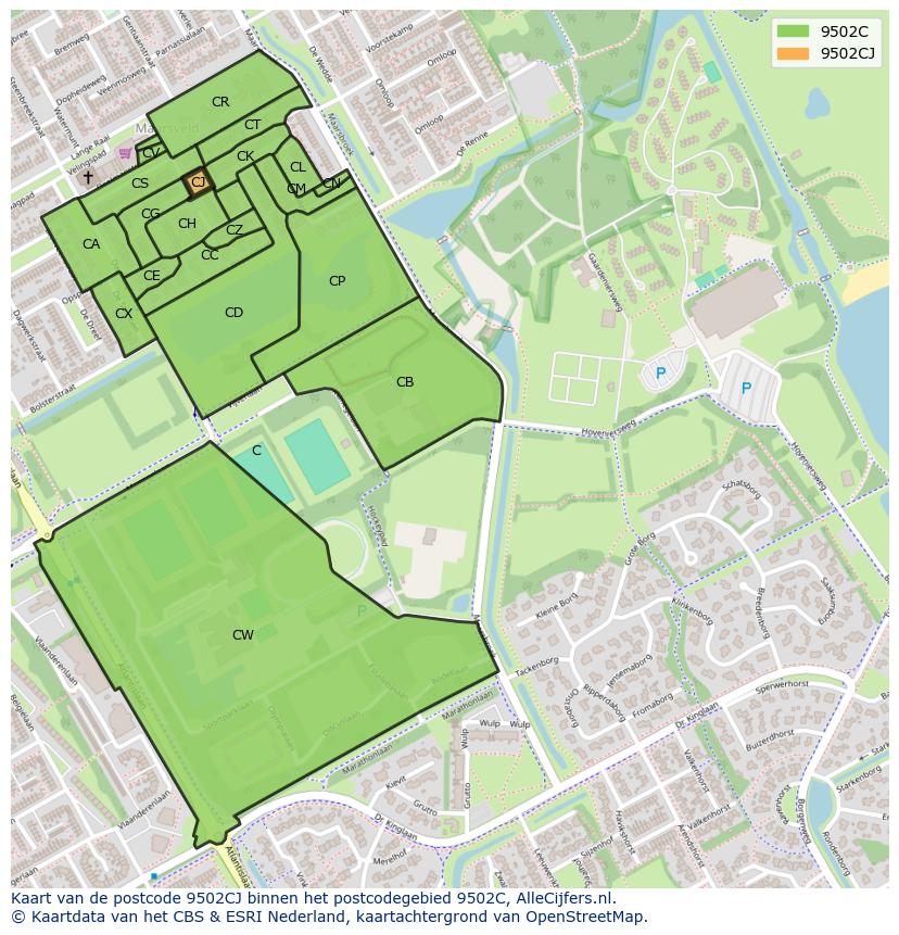 Afbeelding van het postcodegebied 9502 CJ op de kaart.