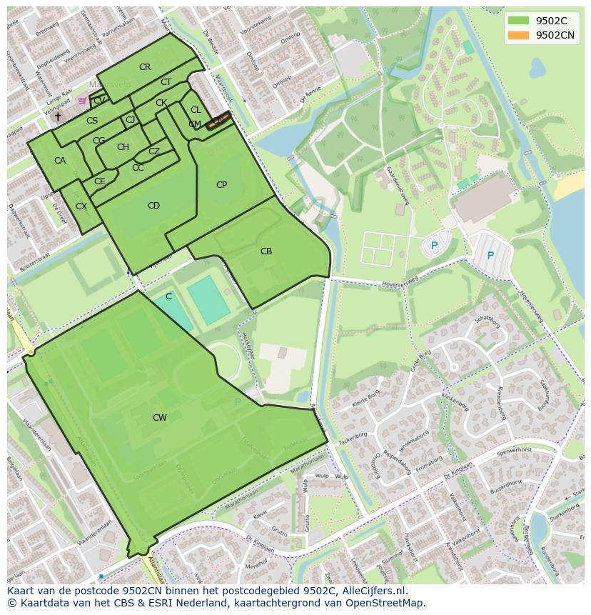 Afbeelding van het postcodegebied 9502 CN op de kaart.