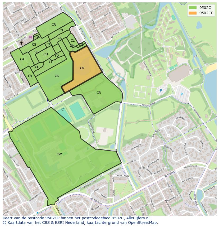 Afbeelding van het postcodegebied 9502 CP op de kaart.