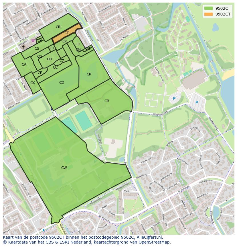 Afbeelding van het postcodegebied 9502 CT op de kaart.