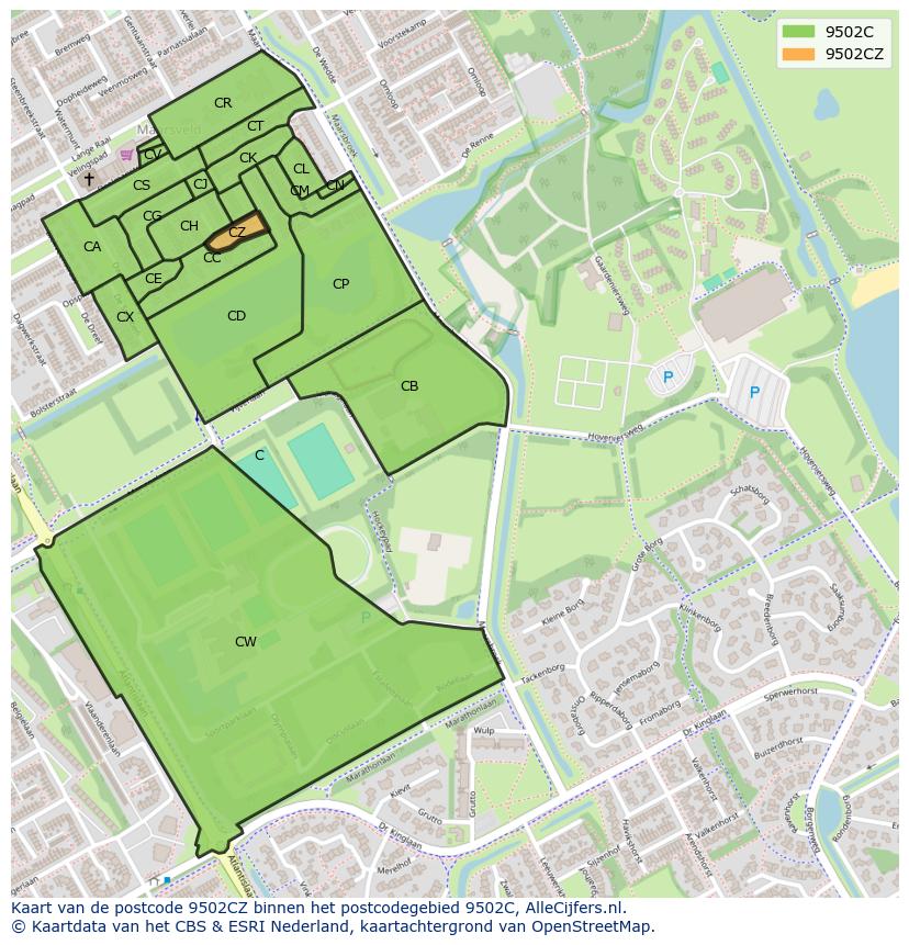 Afbeelding van het postcodegebied 9502 CZ op de kaart.