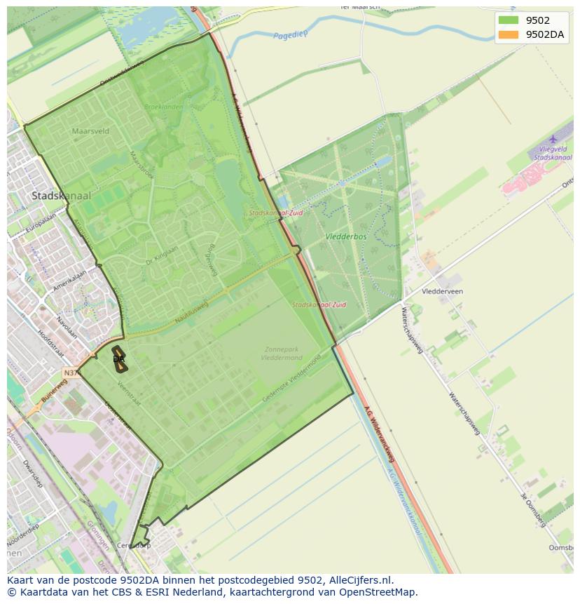 Afbeelding van het postcodegebied 9502 DA op de kaart.