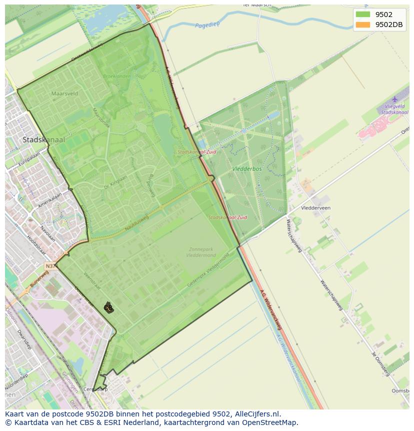 Afbeelding van het postcodegebied 9502 DB op de kaart.