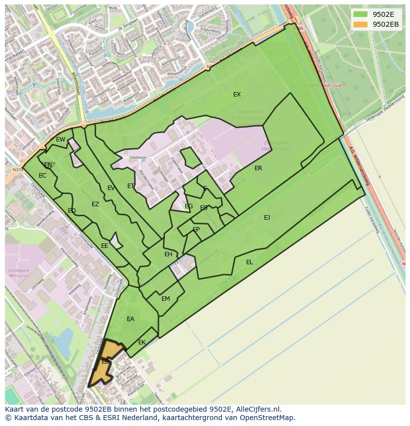 Afbeelding van het postcodegebied 9502 EB op de kaart.