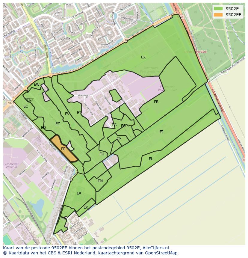 Afbeelding van het postcodegebied 9502 EE op de kaart.