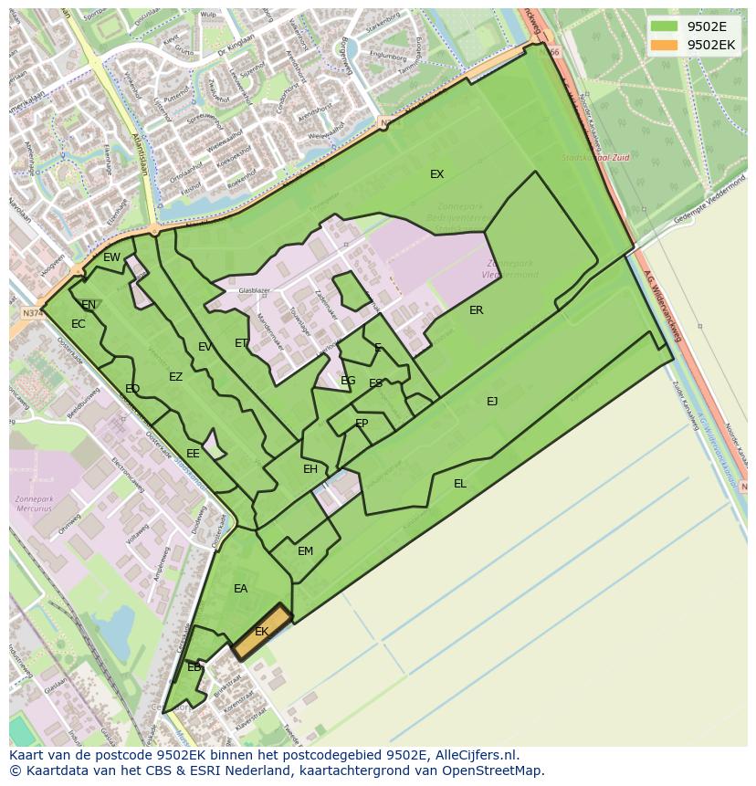 Afbeelding van het postcodegebied 9502 EK op de kaart.