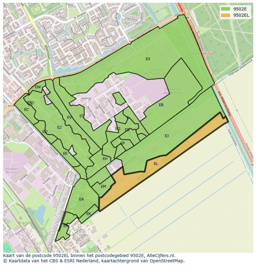 Afbeelding van het postcodegebied 9502 EL op de kaart.