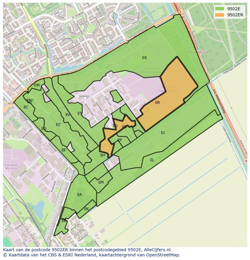 Afbeelding van het postcodegebied 9502 ER op de kaart.