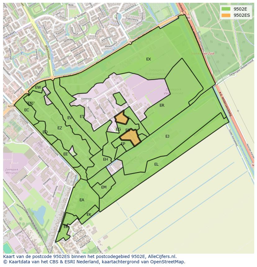 Afbeelding van het postcodegebied 9502 ES op de kaart.