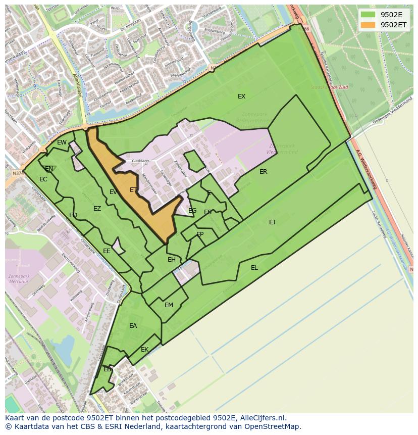 Afbeelding van het postcodegebied 9502 ET op de kaart.
