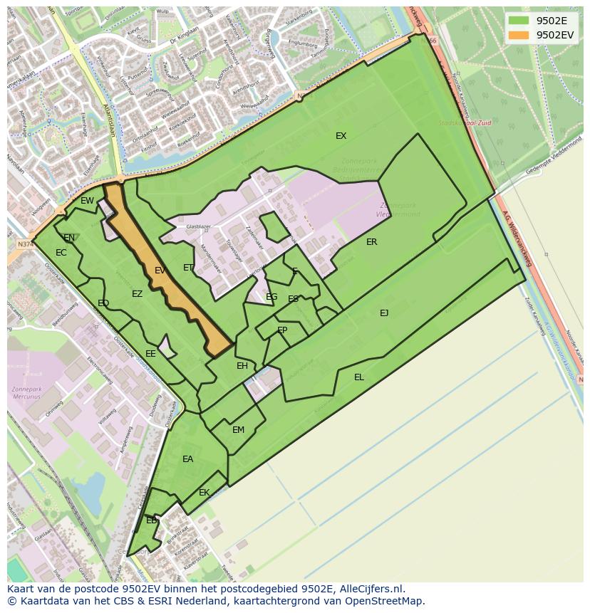 Afbeelding van het postcodegebied 9502 EV op de kaart.