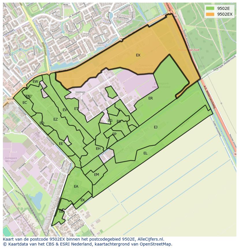 Afbeelding van het postcodegebied 9502 EX op de kaart.