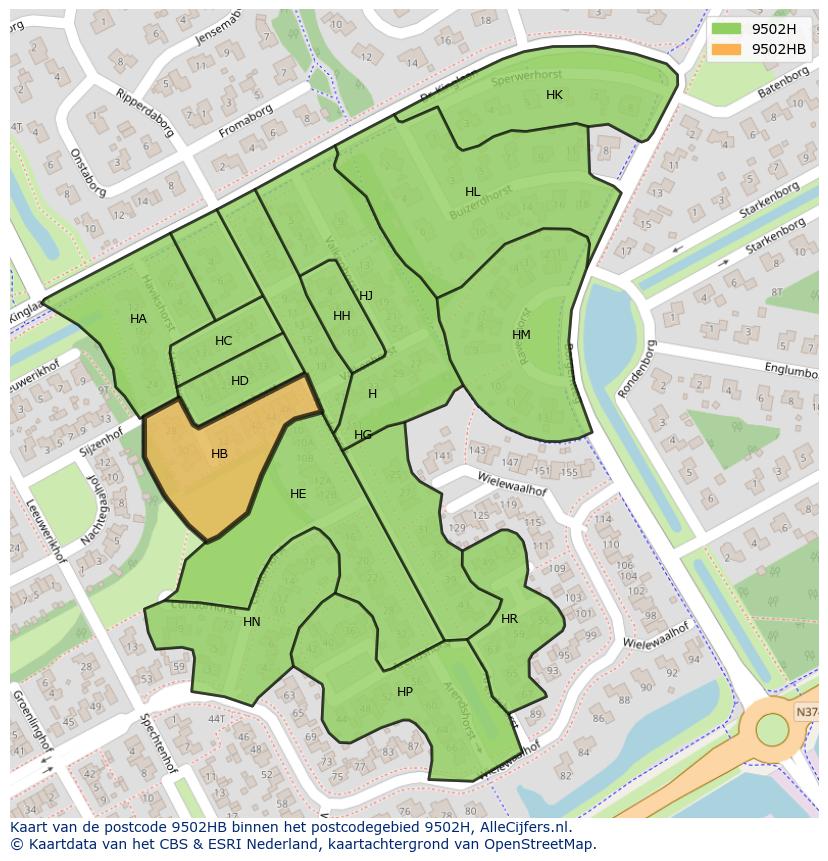 Afbeelding van het postcodegebied 9502 HB op de kaart.