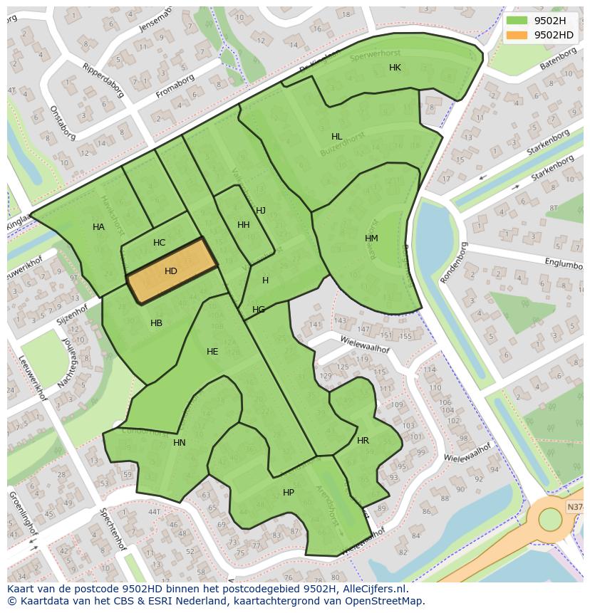 Afbeelding van het postcodegebied 9502 HD op de kaart.