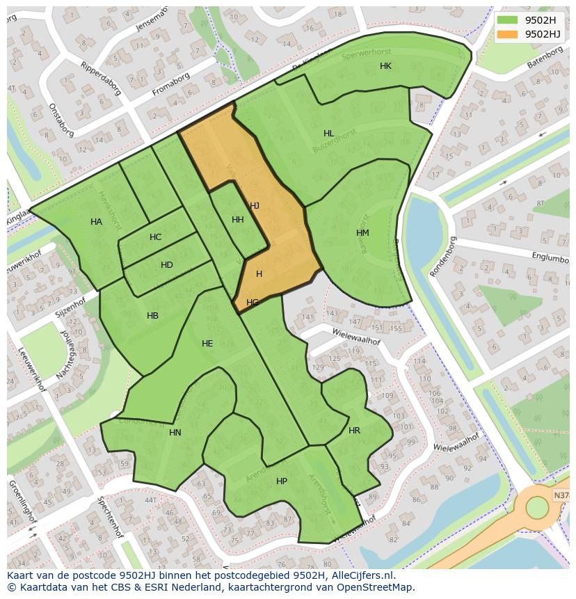 Afbeelding van het postcodegebied 9502 HJ op de kaart.