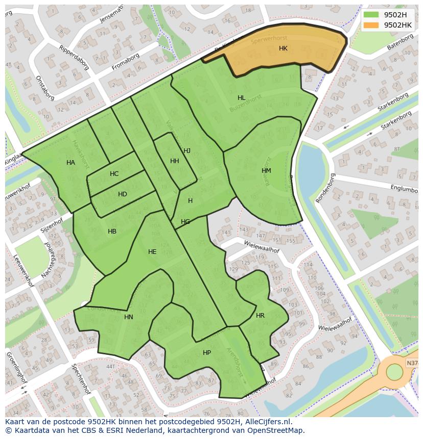 Afbeelding van het postcodegebied 9502 HK op de kaart.