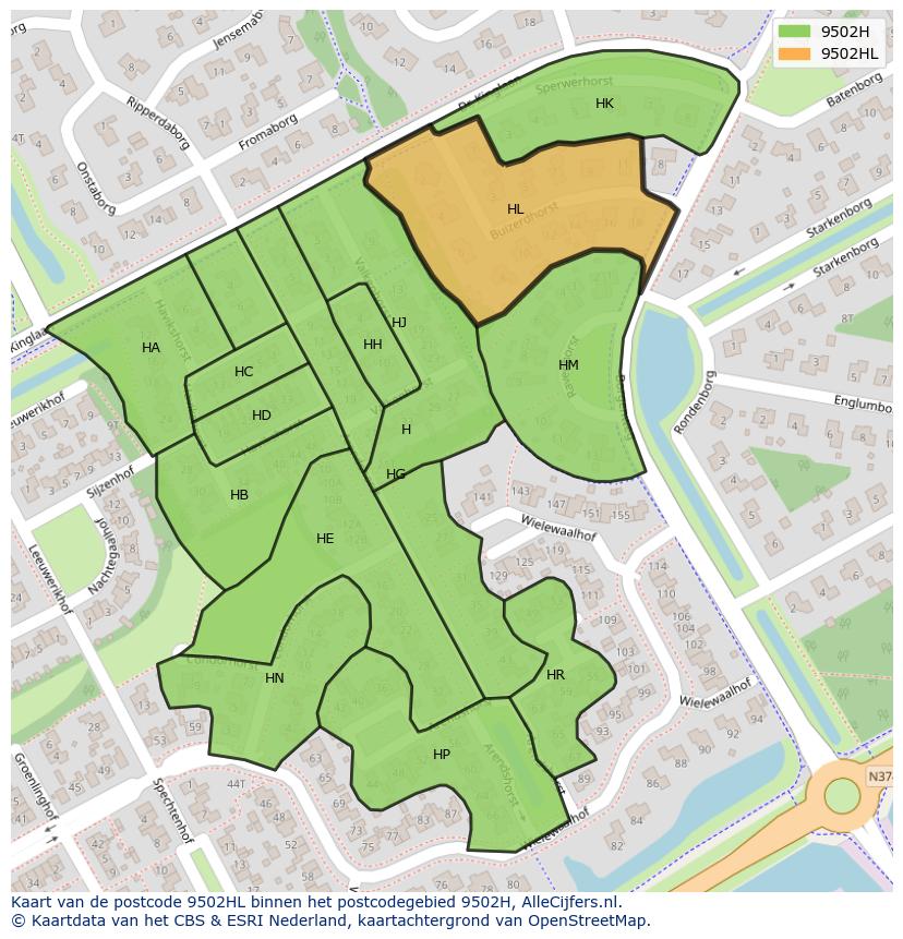 Afbeelding van het postcodegebied 9502 HL op de kaart.