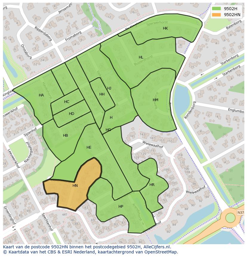 Afbeelding van het postcodegebied 9502 HN op de kaart.