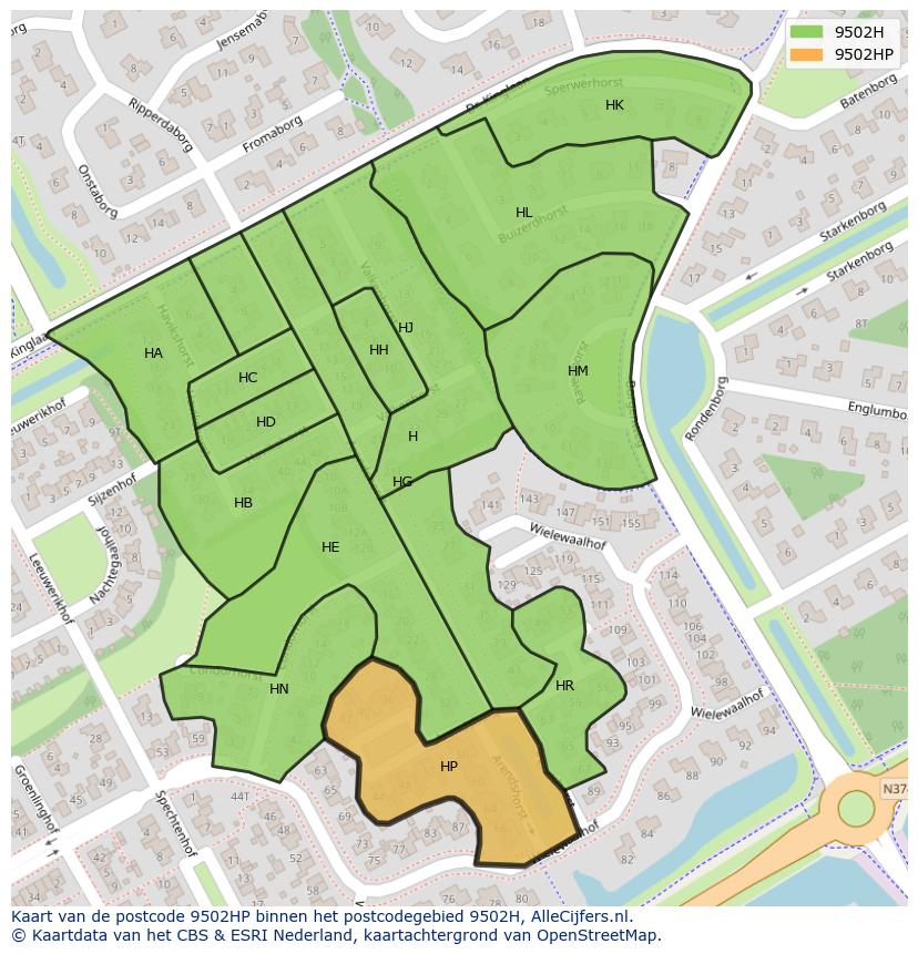 Afbeelding van het postcodegebied 9502 HP op de kaart.