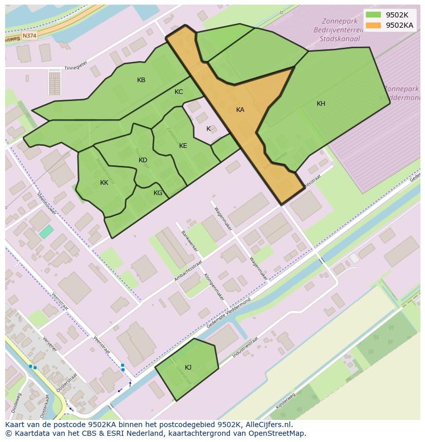 Afbeelding van het postcodegebied 9502 KA op de kaart.