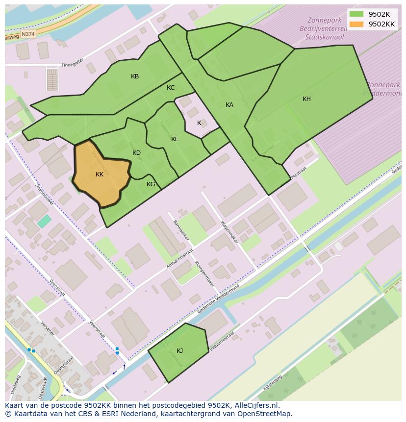 Afbeelding van het postcodegebied 9502 KK op de kaart.
