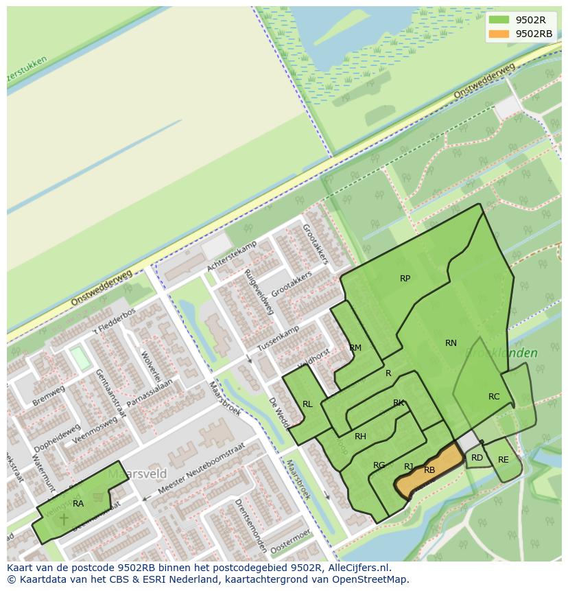 Afbeelding van het postcodegebied 9502 RB op de kaart.