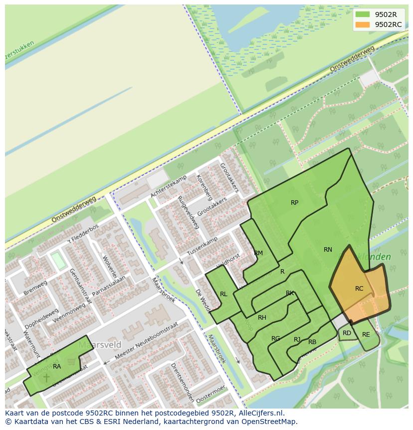 Afbeelding van het postcodegebied 9502 RC op de kaart.